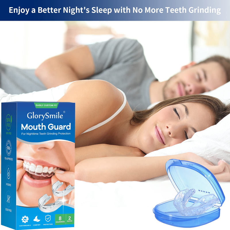Mouth Guard for Clenching Teeth at Night, Upgraded Night Guards for Teeth Grinding, Pack of 8 Adjustable Mouth Guards for Comfortable Fit, 2 Sizes with Two Travel Cases 8 Units