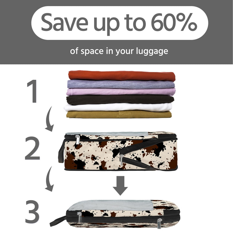 7 Pcs Compression Packing Cubes for Travel, Waterproof Suitcase Luggage Backpack Organizer with Toiletry Bag Travel Essentials for Women/Men-Cow Print Brown-Cow Print
