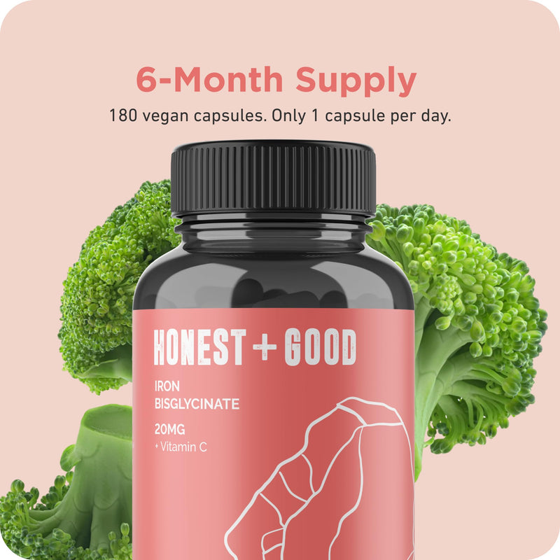 Honest + Good Iron Bisglycinate 20mg + Vitamin C 100mg | 180 (6 Months) Vegan Capsules | Chelated for High Absorption | Pure, Natural & Gentle Supplement | Energy, Immune, Skin & Joint Support