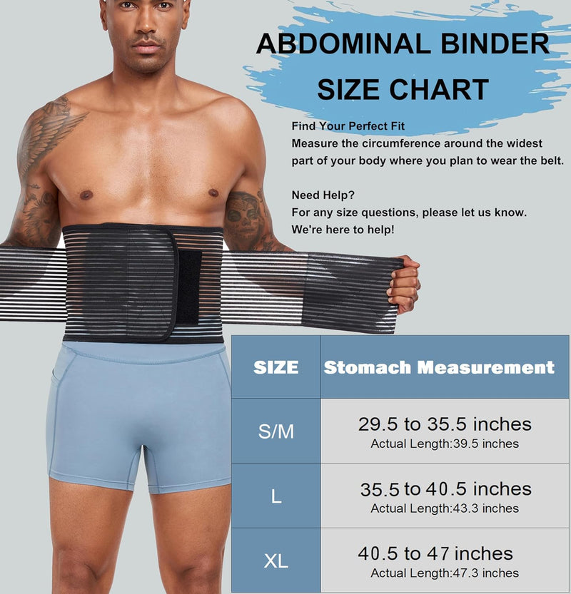 Abdominal Binder Post Surgery Hernia Support Belt Belly Wrap for Men Women, Post-Surgery Stomach Compression Belly Band for Post C Section, Natural Birth, Abdominal Injuries (Black, Large) Black