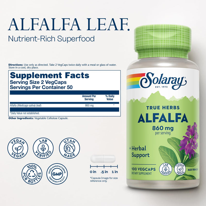 [Australia] - SOLARAY Alfalfa Leaf 860 mg - Alfalfa Capsules for Nutritive Support, Herbal Superfood w/Naturally Occurring Vitamin K, C and E, Minerals, Fiber and Chlorophyll, Vegan, 60-Day Guarantee, 50 Servings 100 Count (Pack of 1) 