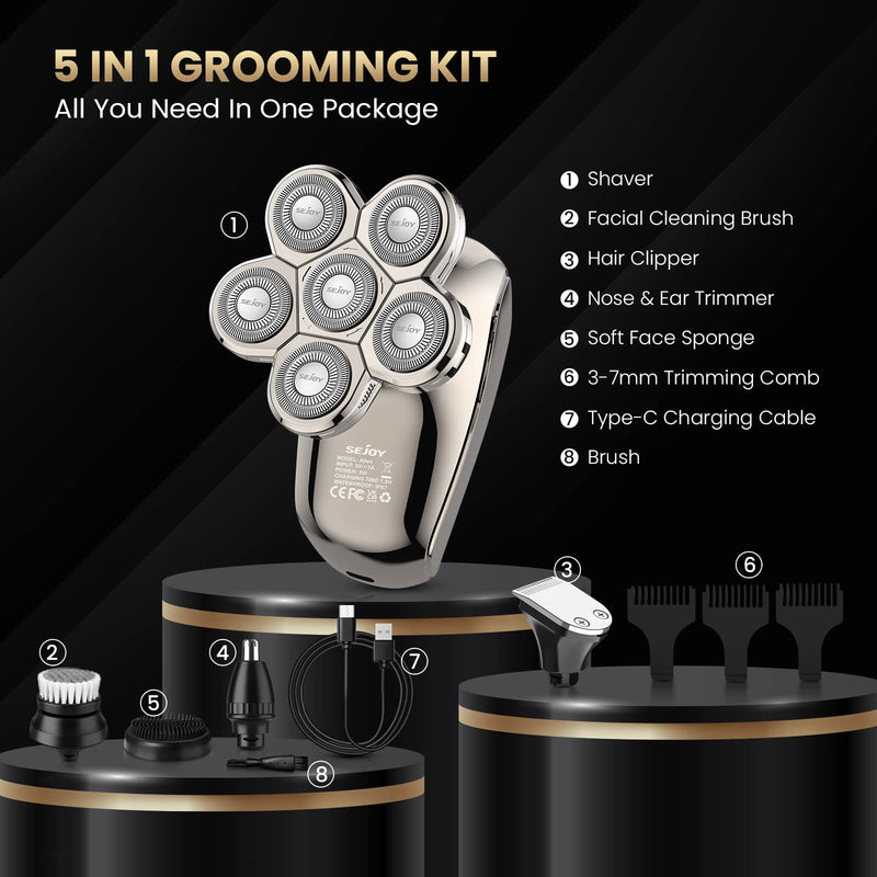 [Australia] - Electric Razor for Bald Men, Head Shavers for Men 5-in-1 Multifunctional 6D Electric Head Shaver Waterproof Recharageable Rotary Shaver Grooming Kit Mens Electric Shaver 