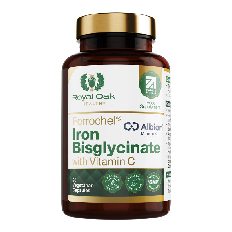 Ferrochel® Chelated Iron Bisglycinate 20mg with Vitamin C | 90 Capsules | 3 Month Supply | Gentle on Stomach, High Absorption, Enhanced Bioavailability Iron | Made in Britain
