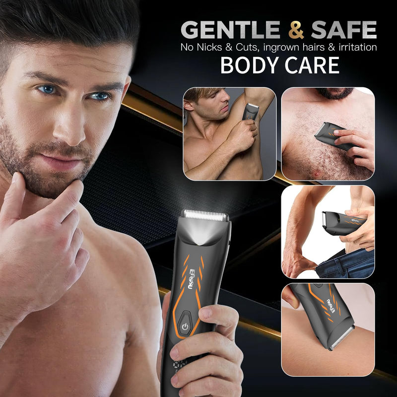 [Australia] - Men Hair Removal Shavers,Electric Safe Blade Waterproof Groin Hair Trimmer Male Painless Wet Quiet Hygiene Razor with Standing Charging Dock Orange Green 