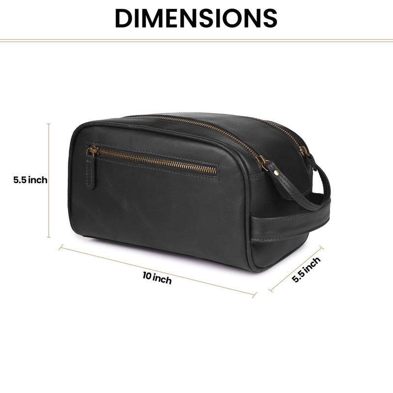 Full Grain Leather Toiletry Bag for Men & Women – Water-Resistant Travel Shaving Kit Organizer with YKK Zipper, Spacious Bathroom Grooming & Cosmetic Storage Case - Black