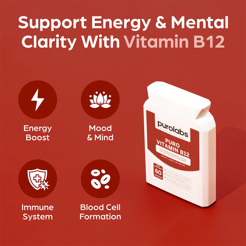 Purolabs Vitamin B12 Tablets 1000µg – High Strength Methylcobalamin for Energy, Immunity & Tiredness – Premium Vitamin B12 Supplements & Capsules – Vegan, High Absorption, No Fillers – 60 Count