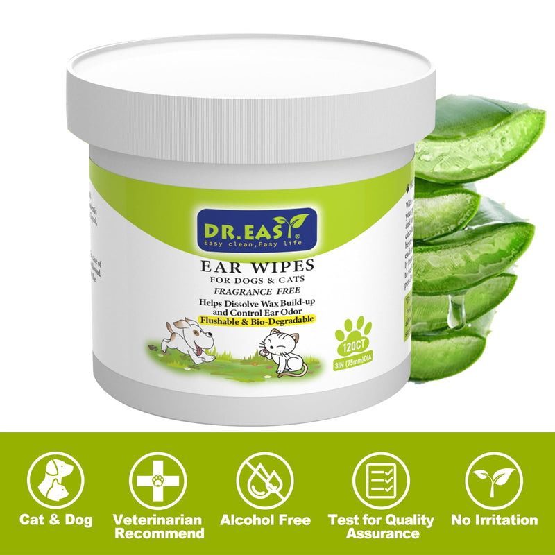 Dr.Easy Pet Ear Grooming Wipes 120ct for Dogs &Cats Fragrance Free,Helps Dissolve Wax Build-Up and Control Ear Odor,flushable & Compostable,Stop Ear Itching Natural Cleansing (120ct) - PawsPlanet Australia
