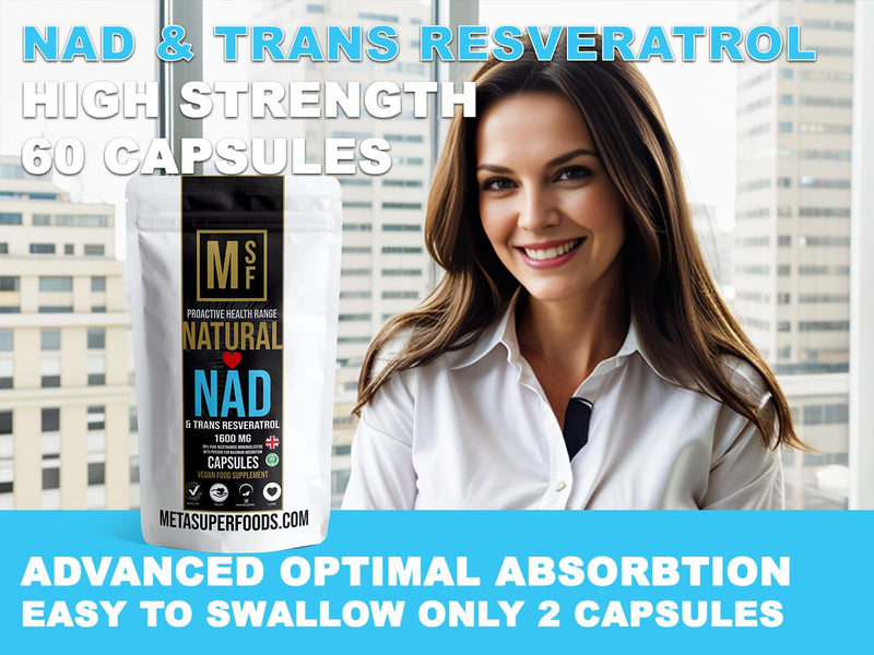 NAD and Trans Resveratrol | 99% Super Strength Anti Ageing | (1600mg) Serving | 60 High Strength Capsules NAD+ | Vegan with Piperine Max Absorption 60 count (Pack of 1)