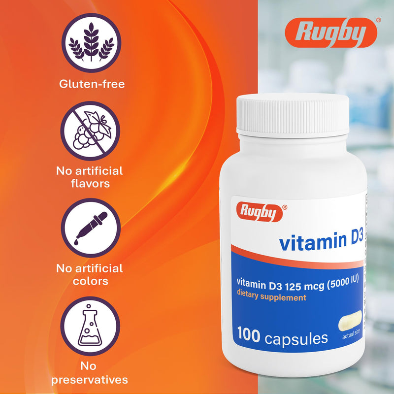 Rugby Vitamin D3 5,000 IU (125 mcg), 100 Capsules | Gluten-Free, High Potency Vitamin D Dietary Supplement for Bone, Teeth, and Immune Health, No Artificial Flavors and Colors