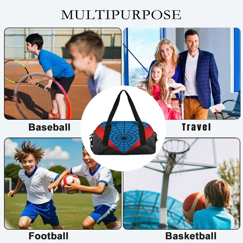 Gym Travel Duffle Bag for Boys - Blue Red Spider Web Kids Overnighter Weekend Bag with Front Zipper Pocket for School Practice, Teens Carry-On Size Sleepover Bags Blue-Red Spider Web