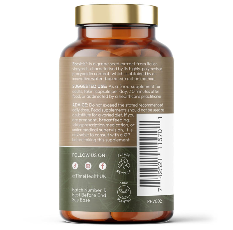 OPC Grape Seed Extract Capsules - Min. 95% OPCs - Made with Italian Vineyard Grapes - Ecovitis™ - UK Made Supplement - Zero Additives - GMP Standards - Vegan 60 count (Pack of 1)