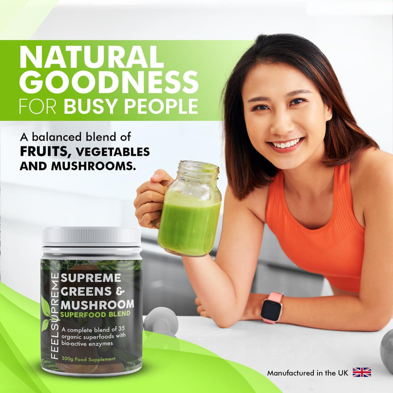 Super Greens Powder with Mushroom - 35 Nutrient Dense Organic Superfoods, no Added Sugar - High in Fibre, Protein, Vitamin C, Spirulina - Greens Supplement, Mushroom Powder - 300g