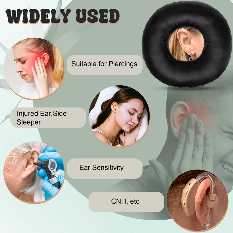 2 Pcs Satin Ear Hole Piercing Pillows Donut Pillow for Ear Pain Side Sleeping Neck Head Pressure Sore Relief Headphones Travel Protector Guard Lifesaver Tinnitus (Black) Black