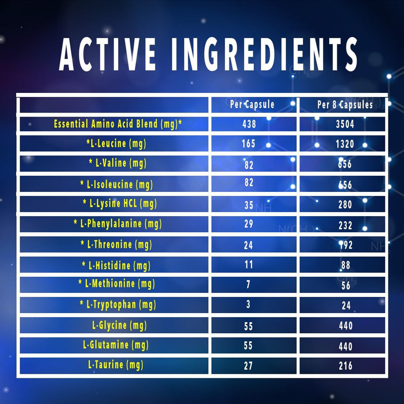 Essential Amino Acids 240 Vegan Capsules Contains All 9 EAAs, All 3 BCAAs + Glycine, Glutamine & Taurine for Muscle Growth & Recovery 30 Day Supply Fermented Amino Acids, High Leucine Content