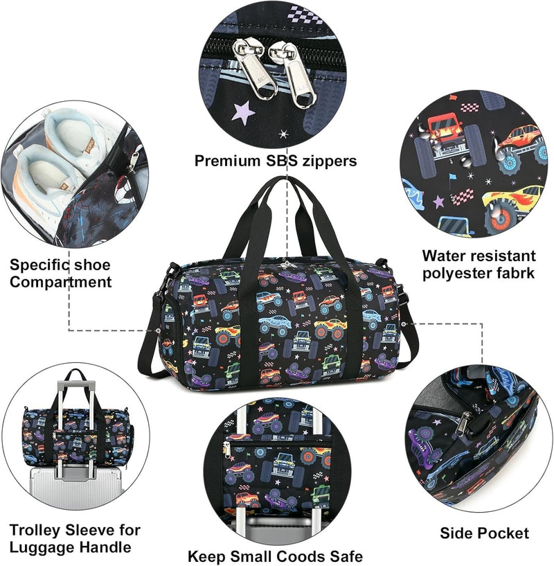 Kids Duffel Overnight Bag Boys Girls Toddler Weekender Carry-On Personalized Tote for Travel Gym Sport (A-Car) A-Car