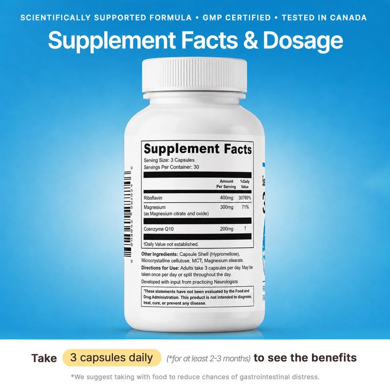 3graine Dietary Migraine Support Supplement- Drug-Free | Canada's Neurologist-Recommended migraine relief, MADE IN USA, 400mg Vitamin B2, 300mg Magnesium, 200mg CoQ10 - 90 ct