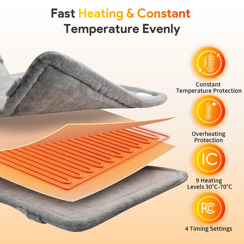 [Australia] - Heating pad for back, shoulder, neck, 59 x 87 cm, heat pad with automatic switch-off, heat wrap with waist strap, quick heating, back warmer, electric blanket, 9 heat settings and machine washable 