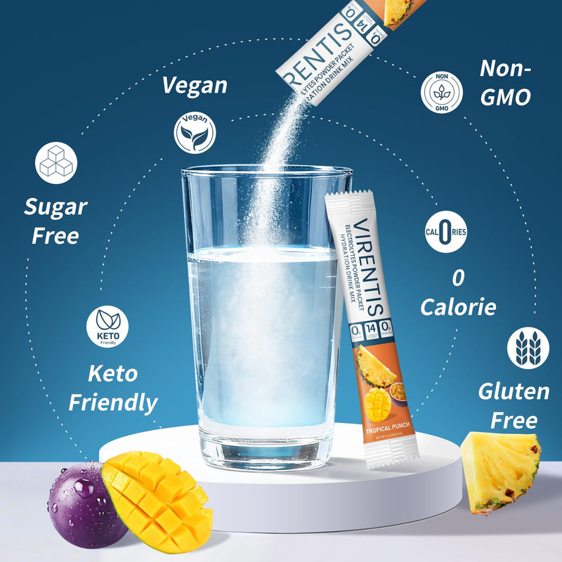 16 Sticks Electrolytes Powder Packets Sugar Free Hydration Packets Liquid Daily IV Electrolyte Drink Mix for Rehydration with 8 Electrolytes & 6 Vitamins, Low Sodium, Tropical Punch 2 Ounce (Pack of 1)
