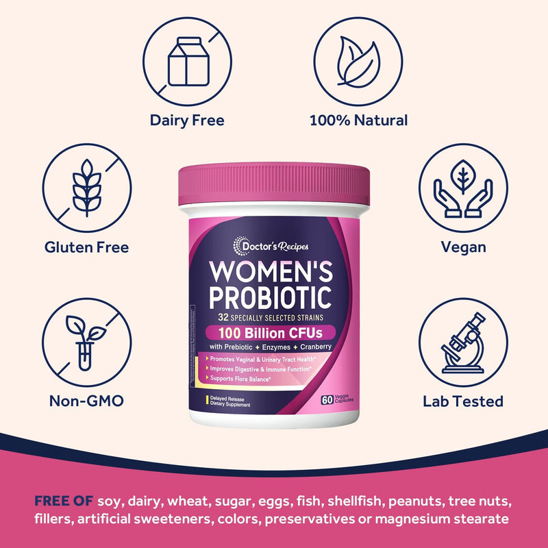 Doctor's Recipes Probiotics for Women, 100 Billion CFU 32 Strains, 60 Caps | Women's Probiotics with Prebiotic, Enzymes & Cranberry, Shelf Stable, Delayed Release, Vegan, Non-GMO 60 Count (Pack of 1)