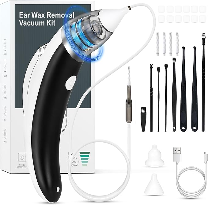 [Australia] - Ear Vacuum Wax Remover, Ear Wax Removal with 8 Pcs Ear Pick, Ear Wax Removal Tool with Strong Suction, Ear Vacuum with Charging Cable, Ear Suction Device for Adults and Kids (White) 