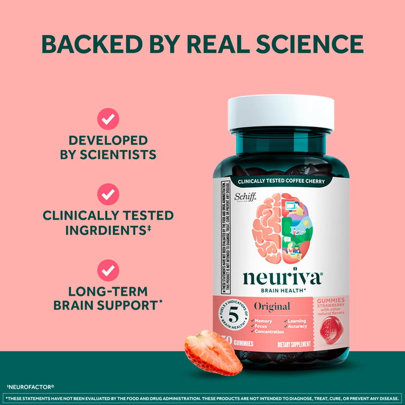 NEURIVA Original Brain Supplements for Memory and Focus, Clinically Tested Nootropics Phosphatidylserine and Neurofactor, Caffeine Free, 50ct Strawberry Gummies | Brain Supplements for Memory and Focus, Phosphatidylserine, Neurofactor, Decaffeinated No...