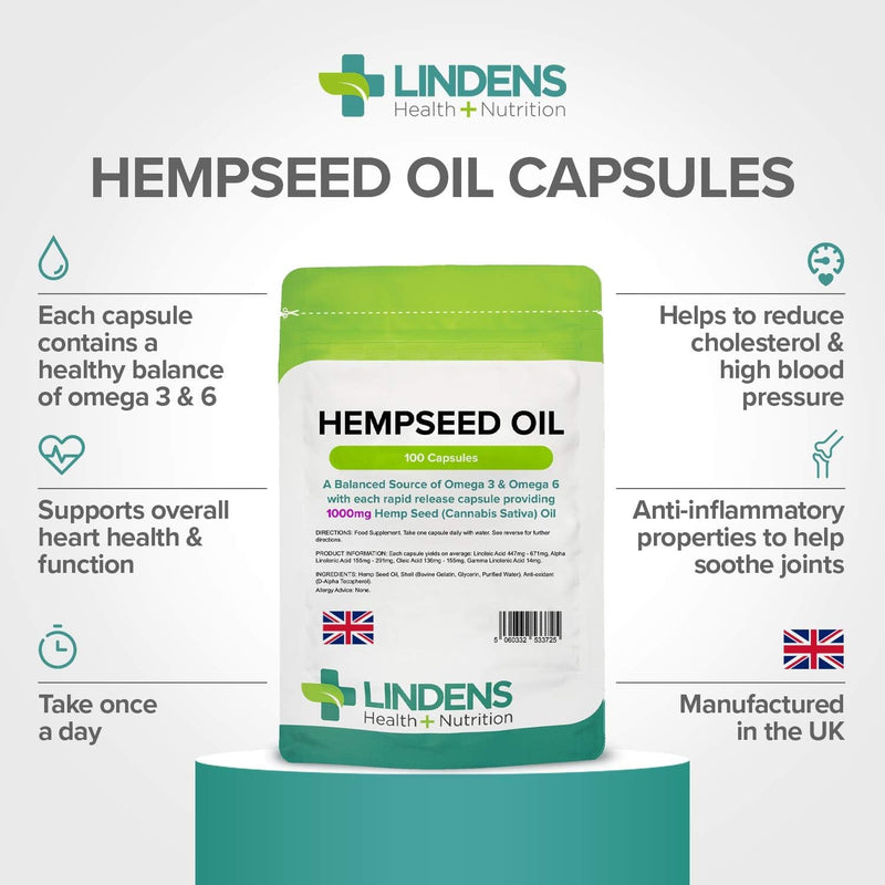 Lindens - Hemp Seed Oil 1000mg, 100 Capsules - UK Made - Source of Omega 3, 6 & 9 - Joint Care, Heart Health, Overall Wellbeing - Cold Pressed Hemp Seed Oil - Letterbox Friendly