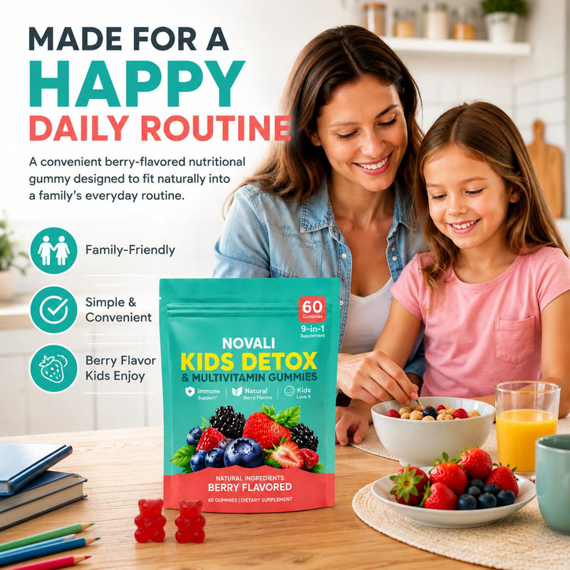 Novali - Kids Detox & Multivitamin Gummies, 9-in-1 with Zeolite, Omega-3, Magnesium, Elderberry, Vitamin D3, Vitamin C, Milk Thistle, Zinc,B12, 60 Gummies