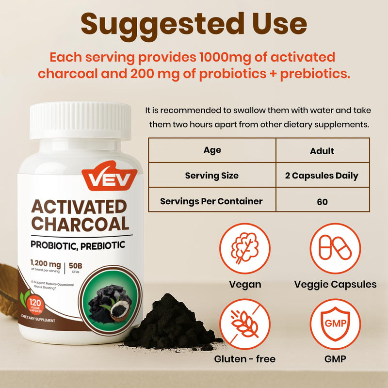 [Australia] - VEV Activated Charcoal with Organic Coconut Shell Charcoal & 50 Billion Probiotics ‚Äì 120 Vegan Capsules for Digestive Wellness & Dietary Support 