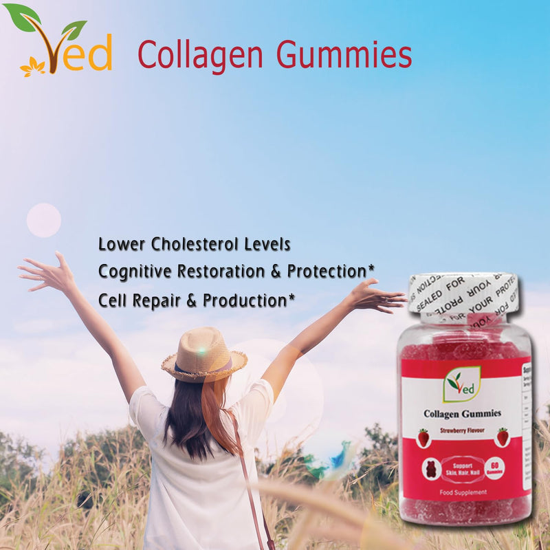 Ved Collagen Gummie Chew Gummies Strawberry Flavour, Raw Unfiltered Collagen Gummies with Vitamin C, Vitamin E, Health Supplement for Men and Women- 60 Chews 30 Days’ Supply