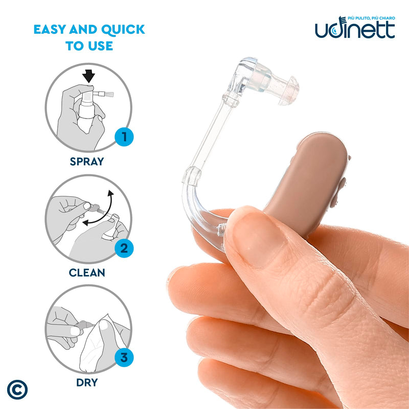 Hearing Aid Cleaning Spray 30ml with Integrated Brush Udinett Quick Drying Eliminates Earwax Dust and Bacteria - Sanitizer for Cleaning Earphones Bluetooth Headphones