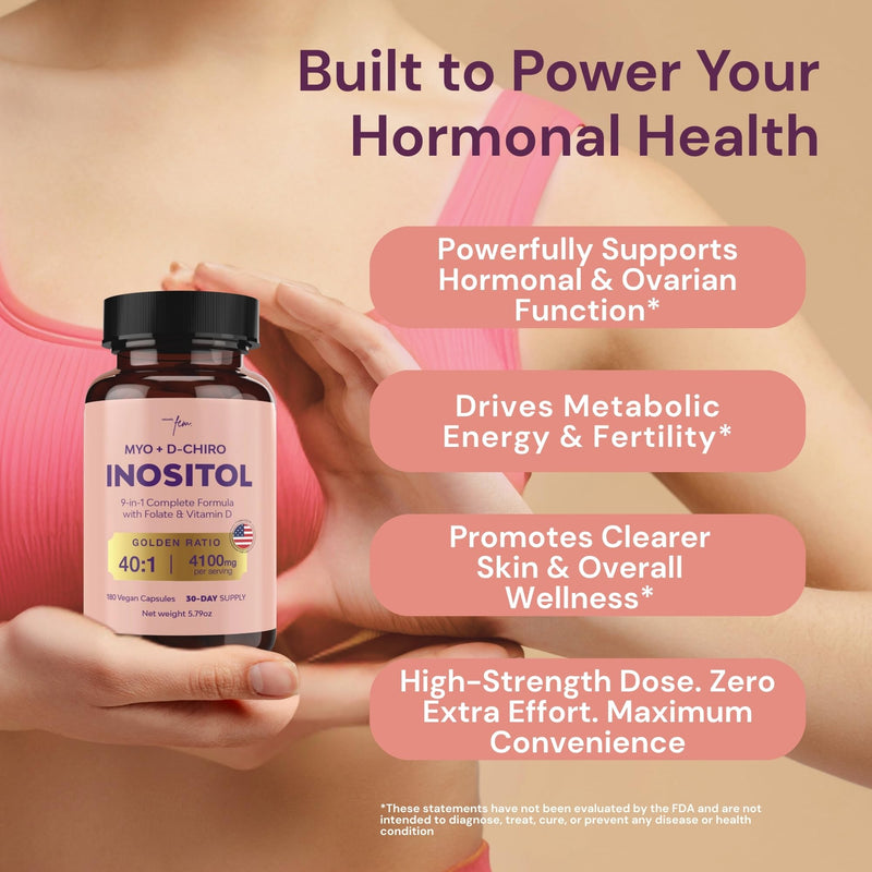 QSTA Myo-Inositol & D-Chiro Inositol Supplement for Women 4100mg (40:1 Ratio) – 9-in-1 Hormonal & Metabolic Support with Folate, Vitamin B6, B12, D3, Zinc & Chromium 180 Count (Pack of 1)
