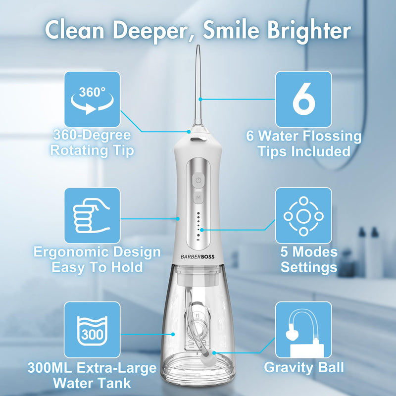[Australia] - BarberBoss Water Flosser, Plaque Remover for Teeth, Oral Irrigator, Electric Dental Flosser, Dental Irrigator with 5 Nozzles and Cleaning Modes, Portable Oral Irrigator, QR-7024 (White) 