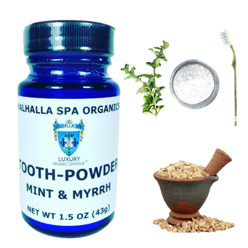 Tooth Powder with Mint and Myrrh Gum | Natural Toothpaste | Fluoride Free | Whitening | Polishing | Valhalla Spa Organics 1.5 oz (2 Pack)