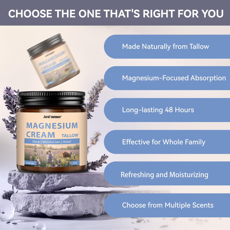 Magnesium Cream for Sleep, Tallow Based Magnesium Lotion and Leg Cramps, Muscle Relaxation, Nighttime Deep Hydration with Shea Butter Jojoba & Vitamin E for Skin Care, Safe for Kids(Lavender) Lavender