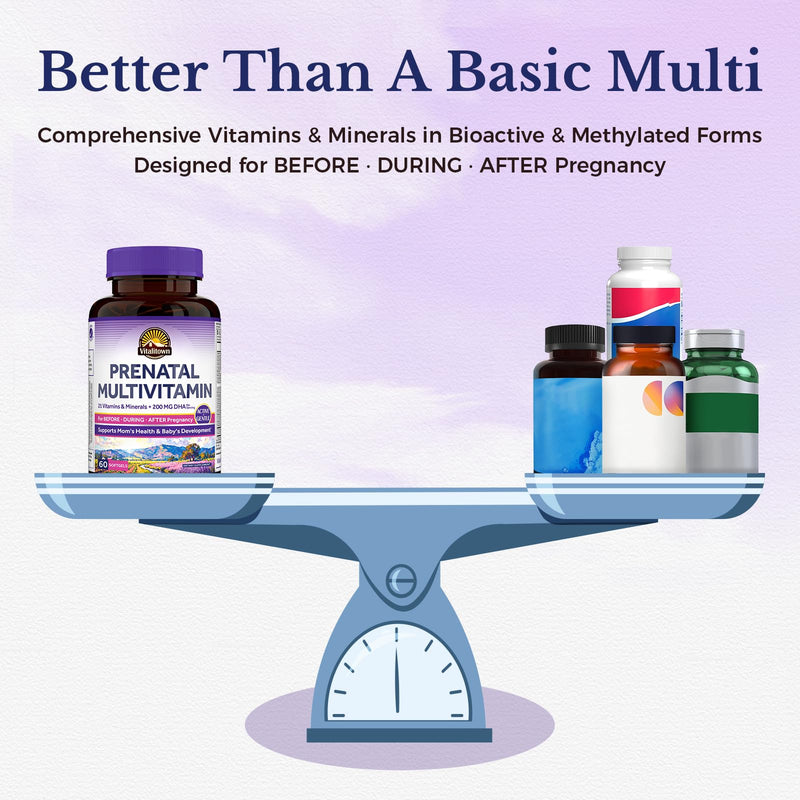Vitalitown Prenatal Vitamins for Women, with Methylfolate, DHA & Choline, Healthy Growth and Brain Development, Supplement for Before, During, & Post Pregnancy, All Natural, 60 Softgels, Non GMO