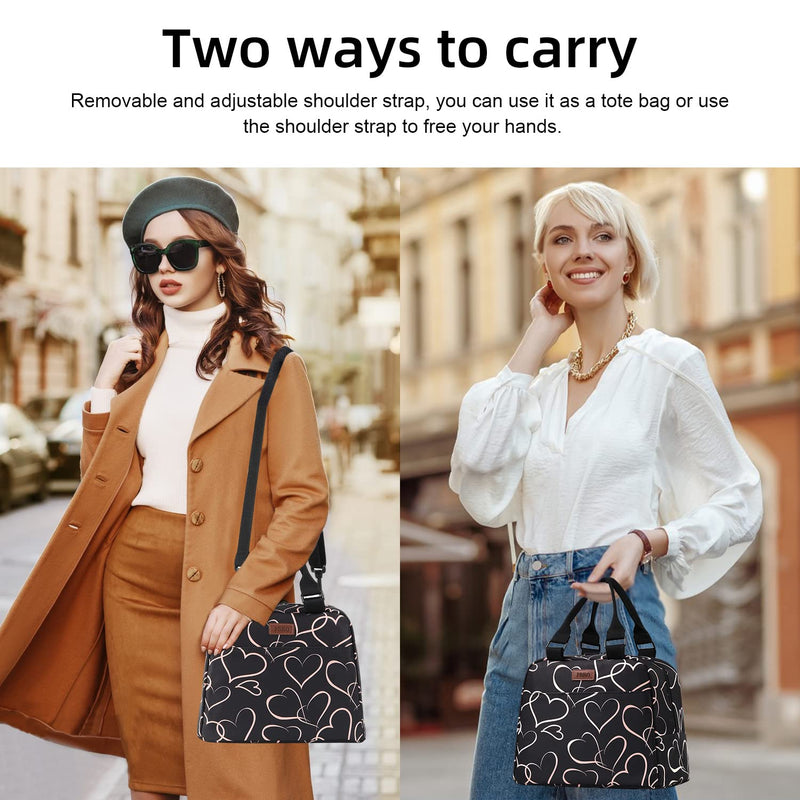 [Australia] - PBRO Insulated Lunch Bag for Women,Reusable Lunch Tote with Adjustable Shoulder Belt,Cute Love Heart Portable Lunch Box Cooler Bag,Perfect for Adult Girls Travel Picnic,Office,Working -Rose Gold Medium 