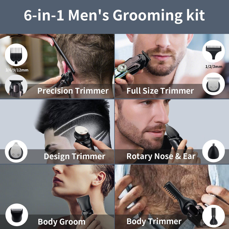[Australia] - 6-in-1 Hair Clipper Beard Trimmer for Men, All-in-One Men's Grooming Kit for Nose,Ear,Body,Mustache, Cordless Electric Shaver Razor with IPX6 Waterproof,120-Min Runtime,LED Display Blue 
