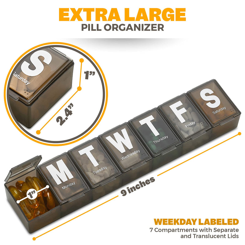 Weekly Pill Organizer - (Pack of 2) Extra Large Vitamin Container with Jumbo Easy to Read Letters, BPA Free - Daily Travel 7 Day Medication Pill Box Case, (Black)