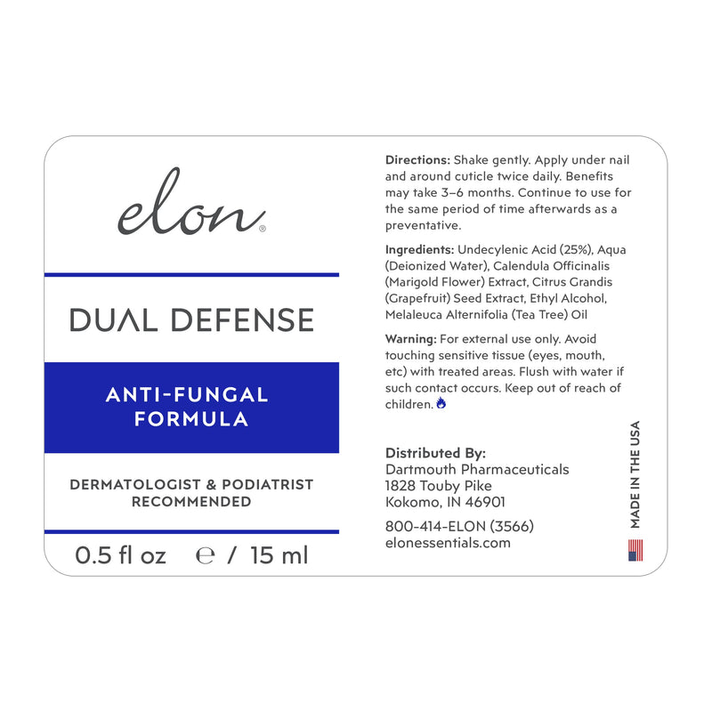 Elon Dual Defense Anti-Fungal Formula | 25% Undecylenic Acid | Treat & Eliminate Nail Fungus | Dermatologist & Podiatrist Recommended 0.51 Fl Oz (Pack of 1)