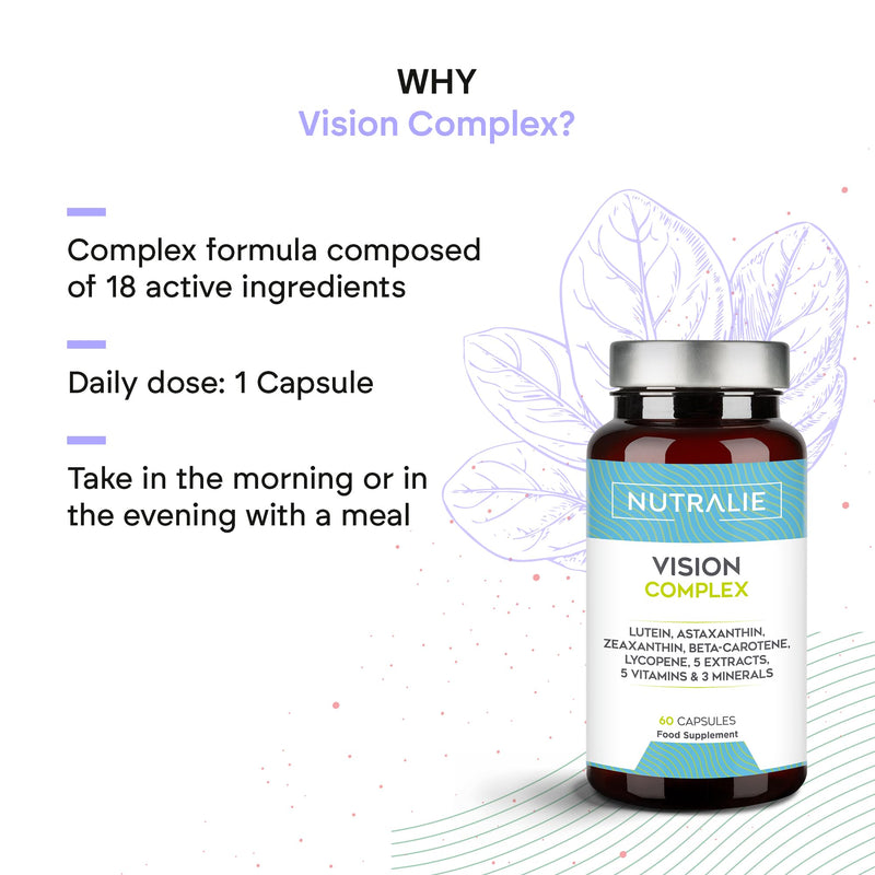 Vision Complex Lutein + Zeaxanthin + Astaxanthin - Vitamins C E and A - Complex 18 Ingredients with Zinc Selenium Copper Lycopeno + Thiamine Riboflavin - 60 Capsules Nutralie