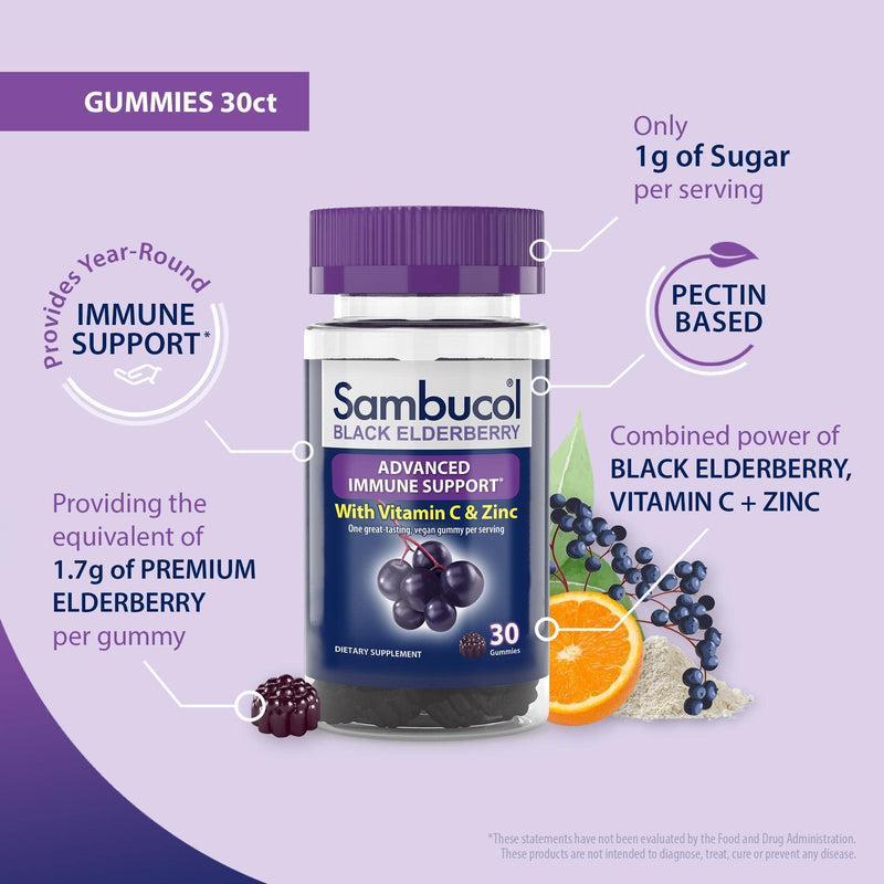 [Australia] - Sambucol Black Elderberry Gummies - Elderberry with Zinc and Vitamin C for Adults, Sambucus Elderberry Gummies, Immune Support Gummies - 30 Count 30 Count (Pack of 1) 