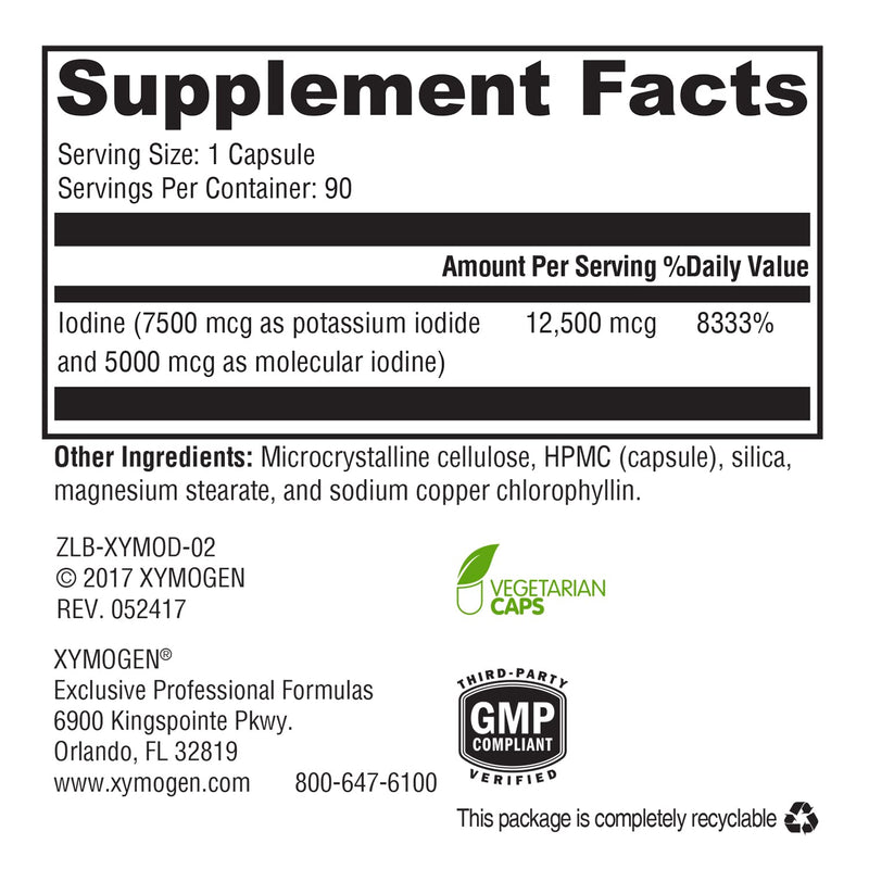 [Australia] - XYMOGEN XymoDine Iodine Supplement - High Potency Iodine 12.5 g to Support Healthy Synthesis of Thyroid Hormones - Potassium Iodide with Molecular Iodine (90 Vegetarian Capsules) 