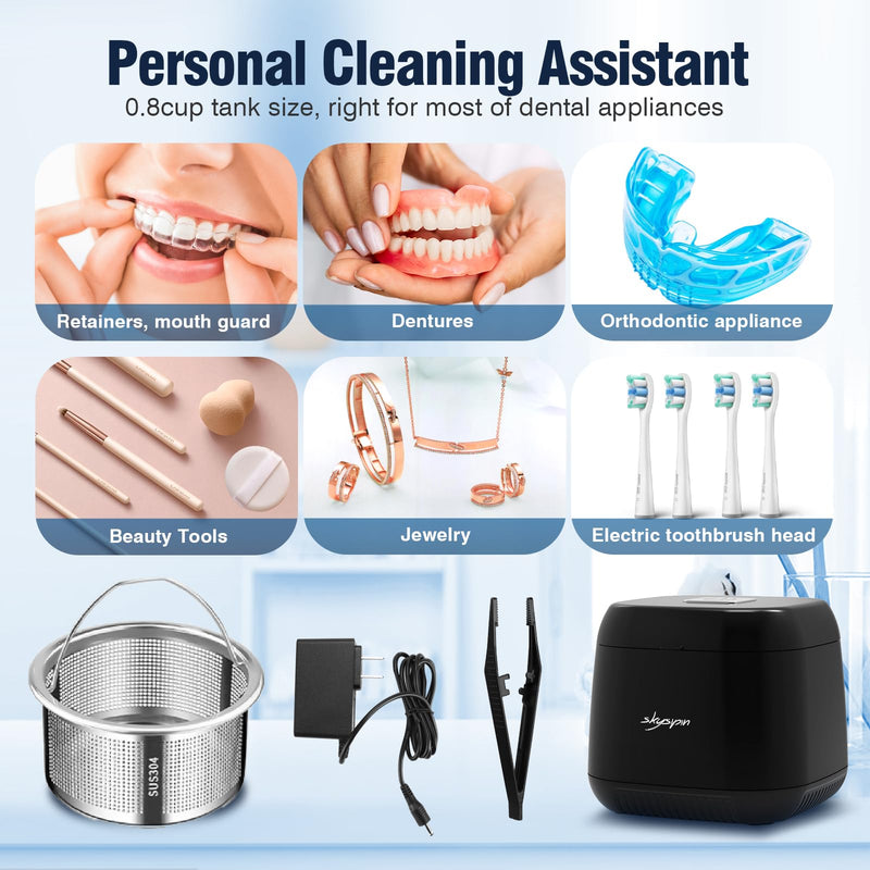 [Australia] - Ultrasonic Retainer Cleaner Machine U-V, 45KHz, 2 Modes Quiet, Denture Aligner Cleaner Dental Cleaning Pod Ultrasonic Cleaner for All Dental Appliances, Mouth Guard Jewelry 6.8oz Black 