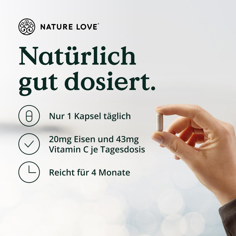 [Australia] - NATURE LOVE® iron with 43mg natural vitamin C - 20mg iron bisglycinate - 120 capsules - vegan, tasteless - produced in Germany 