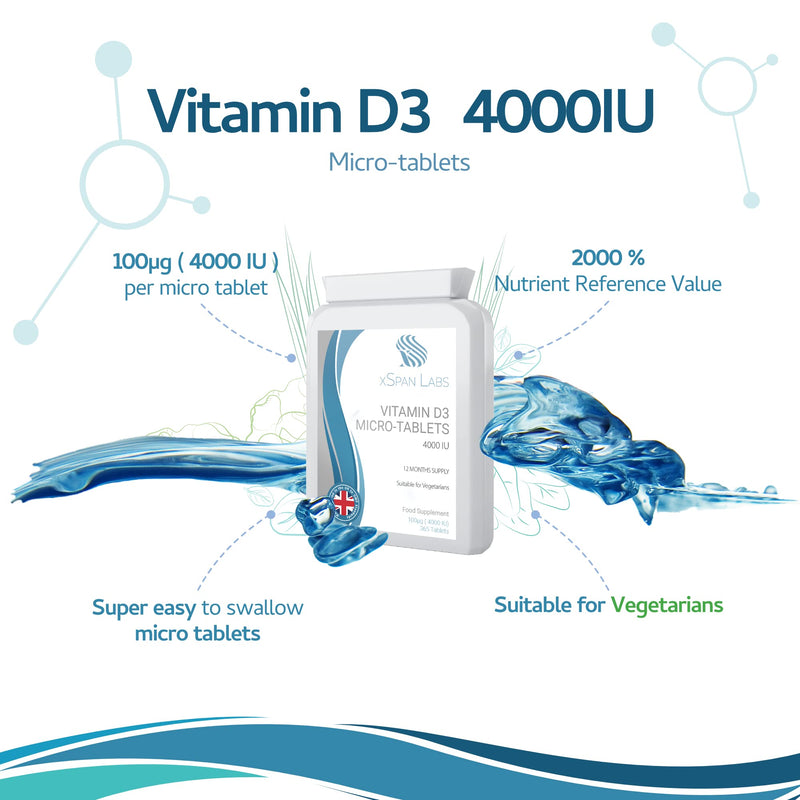 Vitamin D Tablets 4000 IU - Vegetarian Vitamin D3 4000 IU - 365 one-a-Day Easy to Swallow High Strength Micro Tablets - Supports The Immune System and Bone Health - Made in The UK