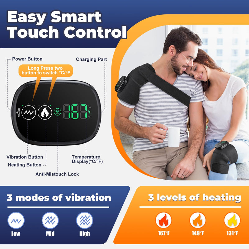 Cordless Electric Heated Knee Massager, 3-in-1 Heated Knee Massager with Heat for Knee Elbow Shoulder Wrap with 3 Vibration & Heating Modes | 3-in-1 Wearable Wrap for Knee, Elbow and Shoulder, 5000mAh Rechargeable Heat and Vibration Massager, Black, 1 ...