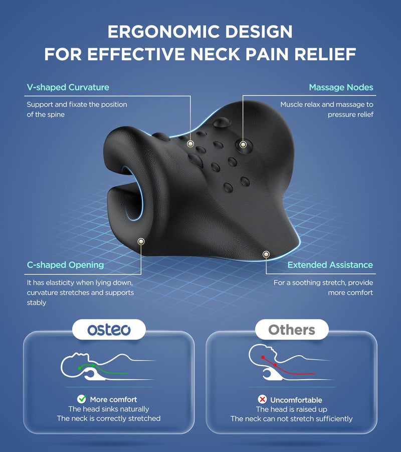[Australia] - Osteo Neck Stretcher with Magnetic Therapy Cover, 2 Modes[Gentle/Strong] Pain Relief Cervical Traction Device, No Smell Neck and Shoulder Relaxer, Chiropractic Pillow for TMJ Headache Spine Alignment Black 