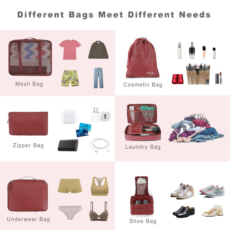 BAGAIL 8 Set Packing Cubes Luggage Packing Organizers for Travel Accessories-Wine Red Wine Red