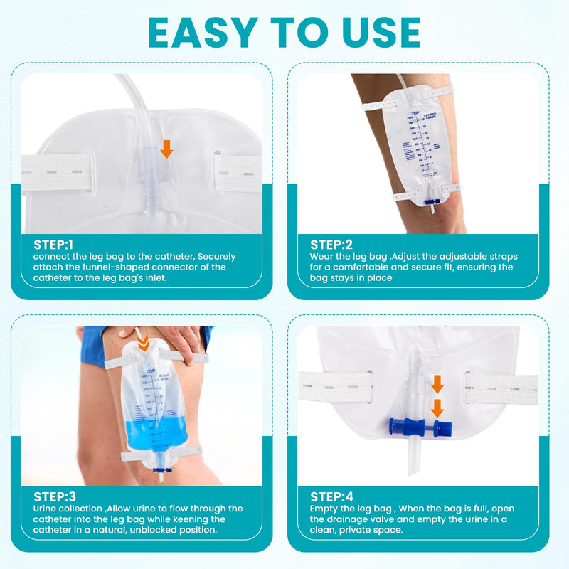 [Australia] - 4 Pack 1000ml Catheter Bags with 18‚Äù Drainage Tube,Anti Reflux Valve,Large Capacity Urine Leg Catheter with Two Latex-Free Straps, Easy Flip Drain, Urinary Catheter for Men, Women 4 PACK 