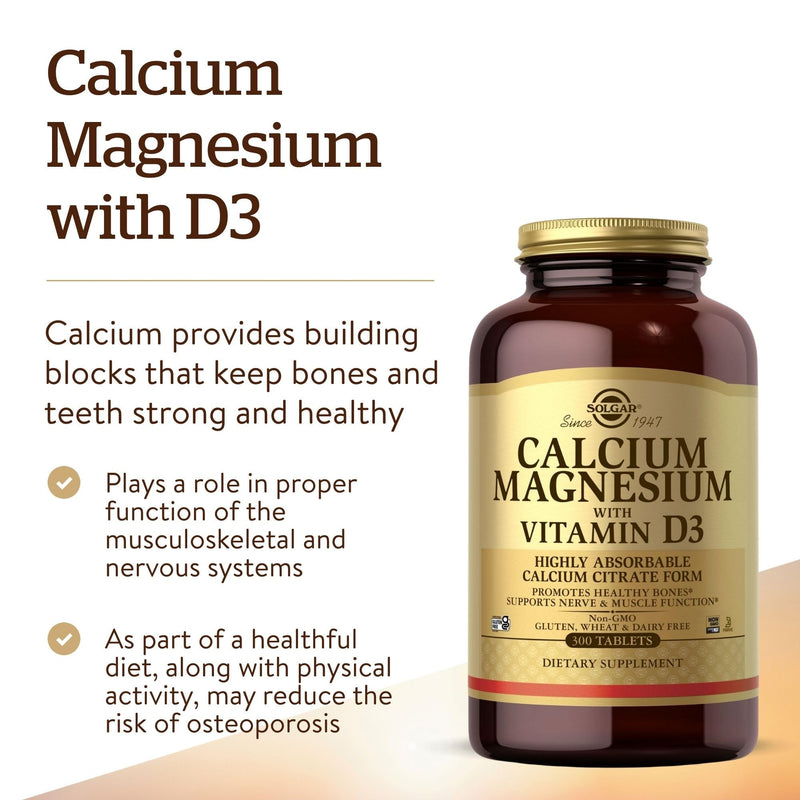 Solgar Calcium Magnesium with Vitamin D3, 300 Tablets | Promotes Healthy Bones, Supports Nerve & Muscle Function, Highly Absorbable Form, Non-GMO and Gluten Free - 60 Servings 300 Count (Pack of 1)
